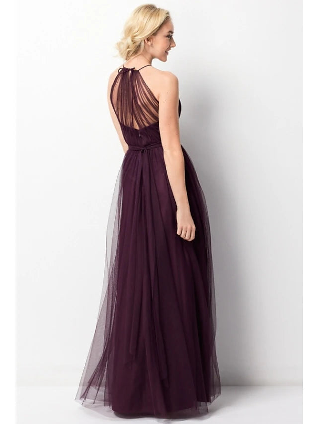 Luolandi A-Line Bridesmaid Dress Halter Neck Sleeveless Elegant Floor Length Chiffon / Tulle